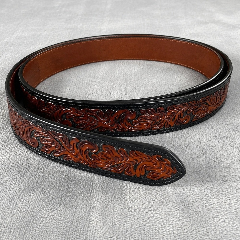 Western Floral Embossed Tooled Leather Belt Strap Black Brown 1.5 Inch Wide 36